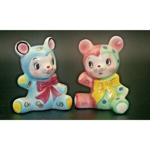 1950's PY Anthropomorphic Colorful Teddy Bears Bows Salt Pepper Shaker Set RARE!